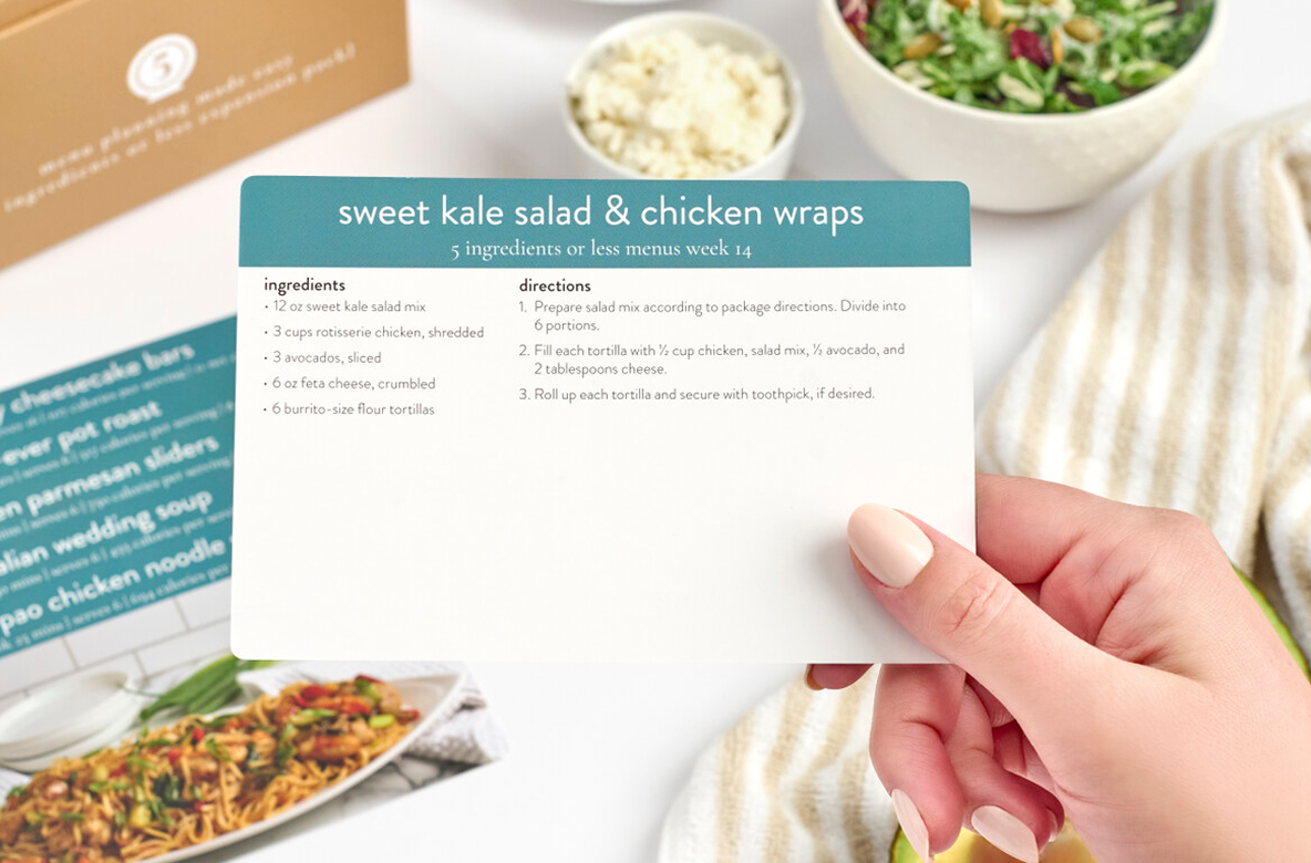 5 ingredients or less expansion sweet kale salad and chicken wraps card