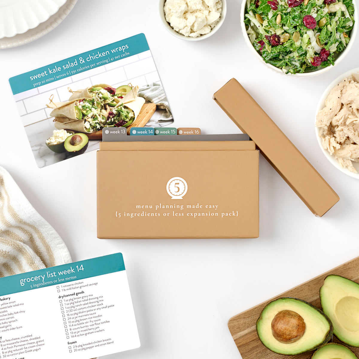 5 ingredients expansion box with card and ingredients on table