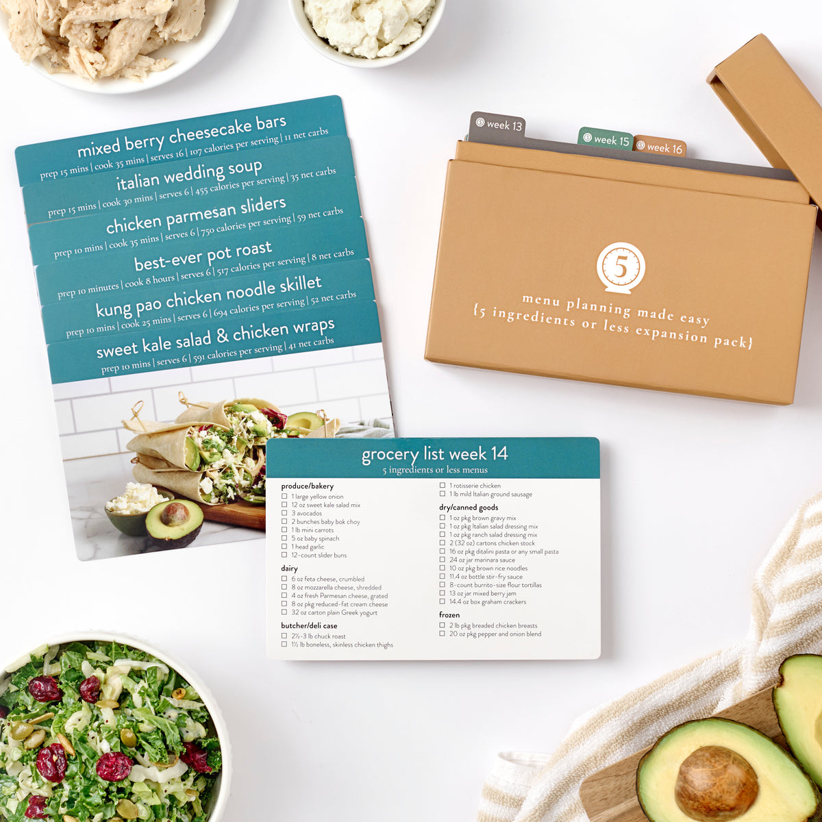 5 ingredients expansion box with recipe cards laid out