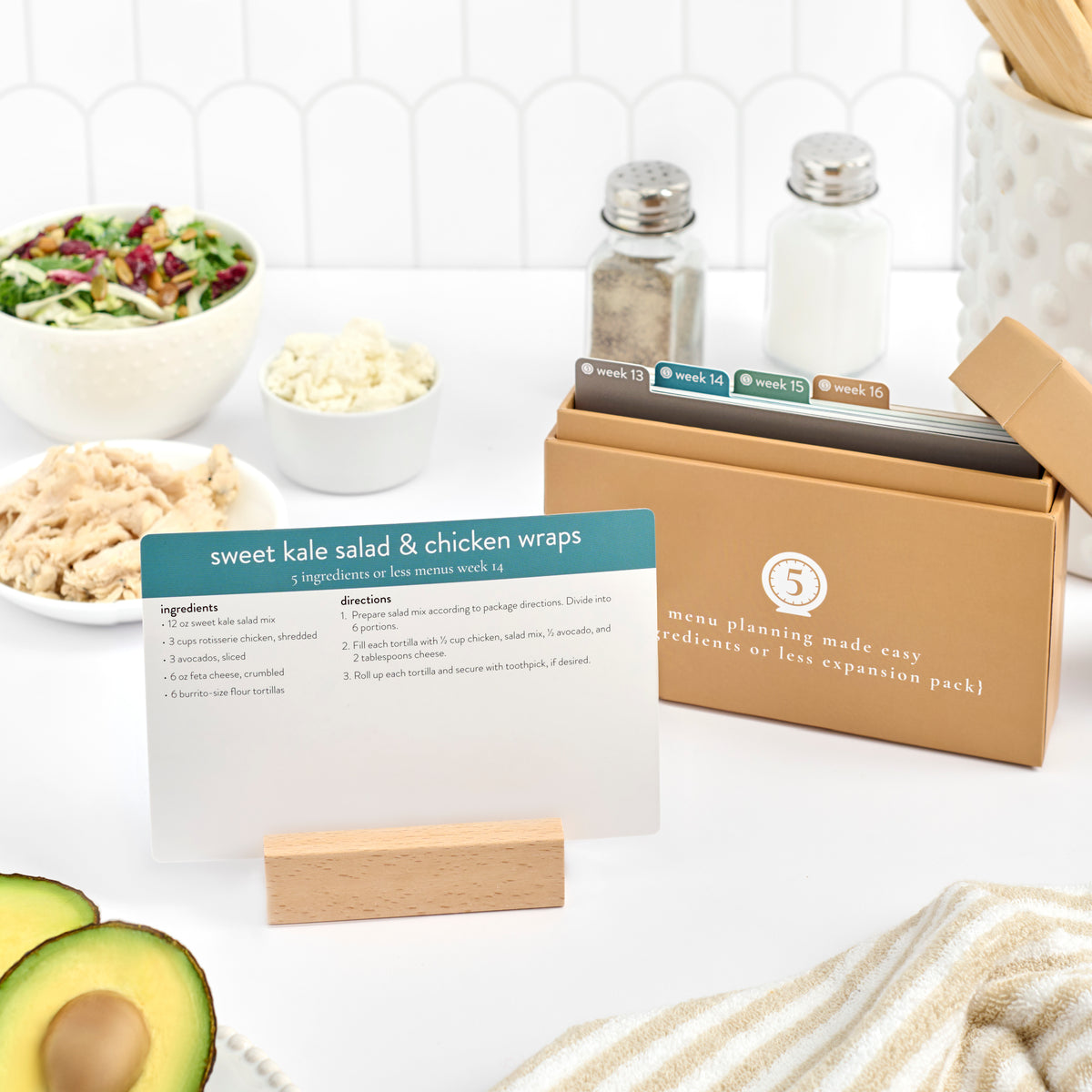 5 ingredients expansion box with sweet kale salad and chicken wraps recipe card