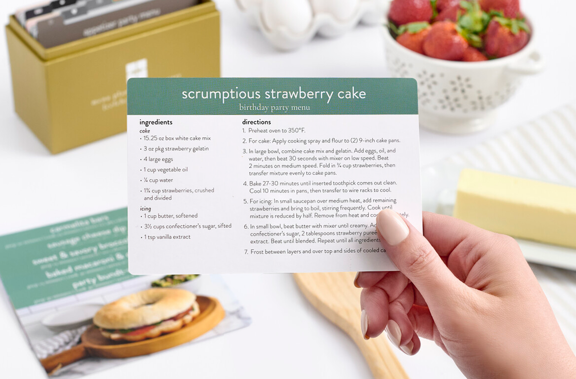 scrumptious strawberry cake recipe card