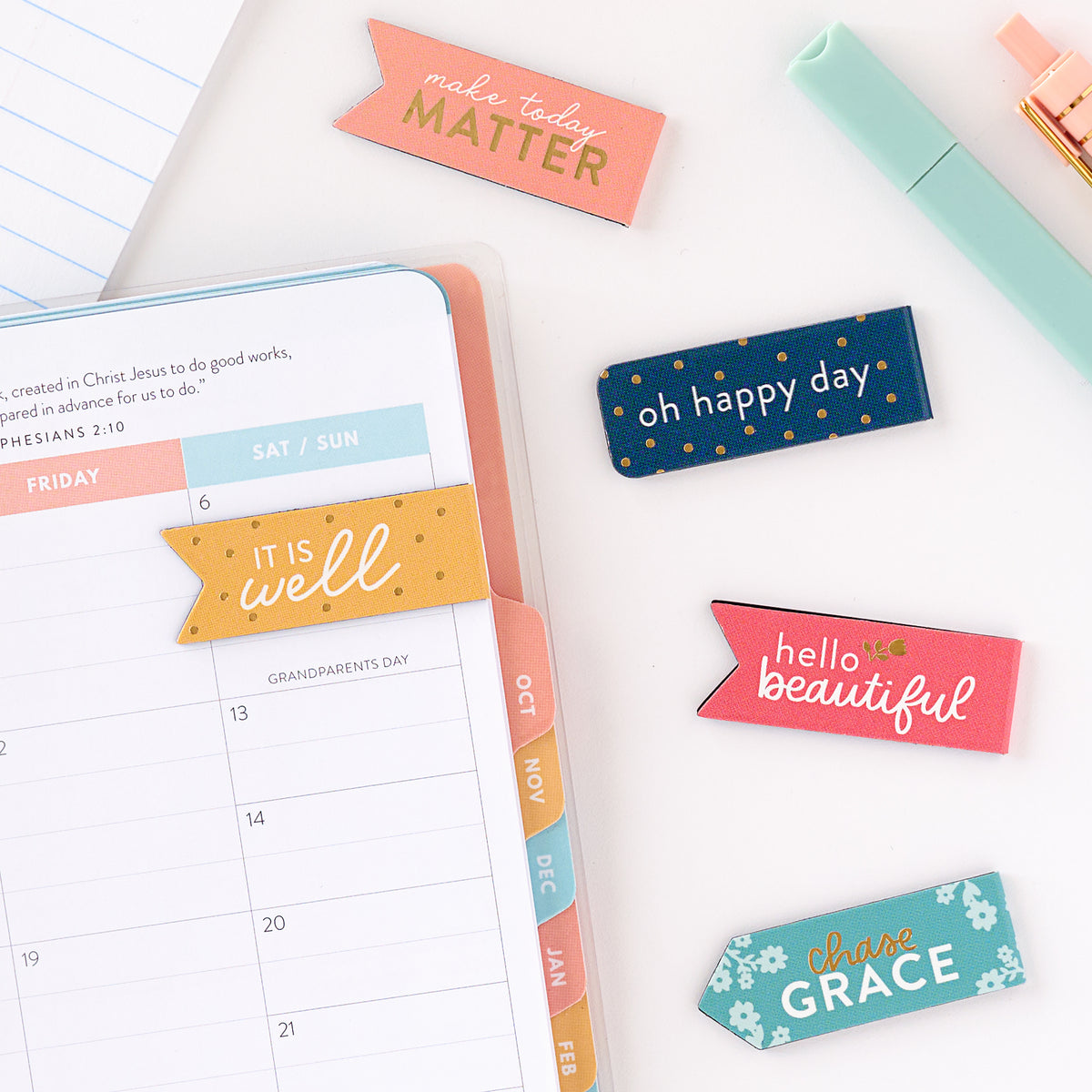 magnetic bookmarks on top of planner