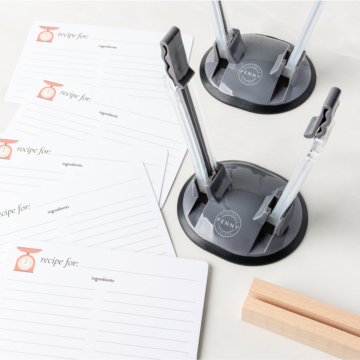 Freezer Stands Wooden Recipe Block and Blank Recipe cards on counter