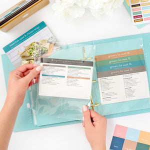 happy blue recipe binder with card in insert