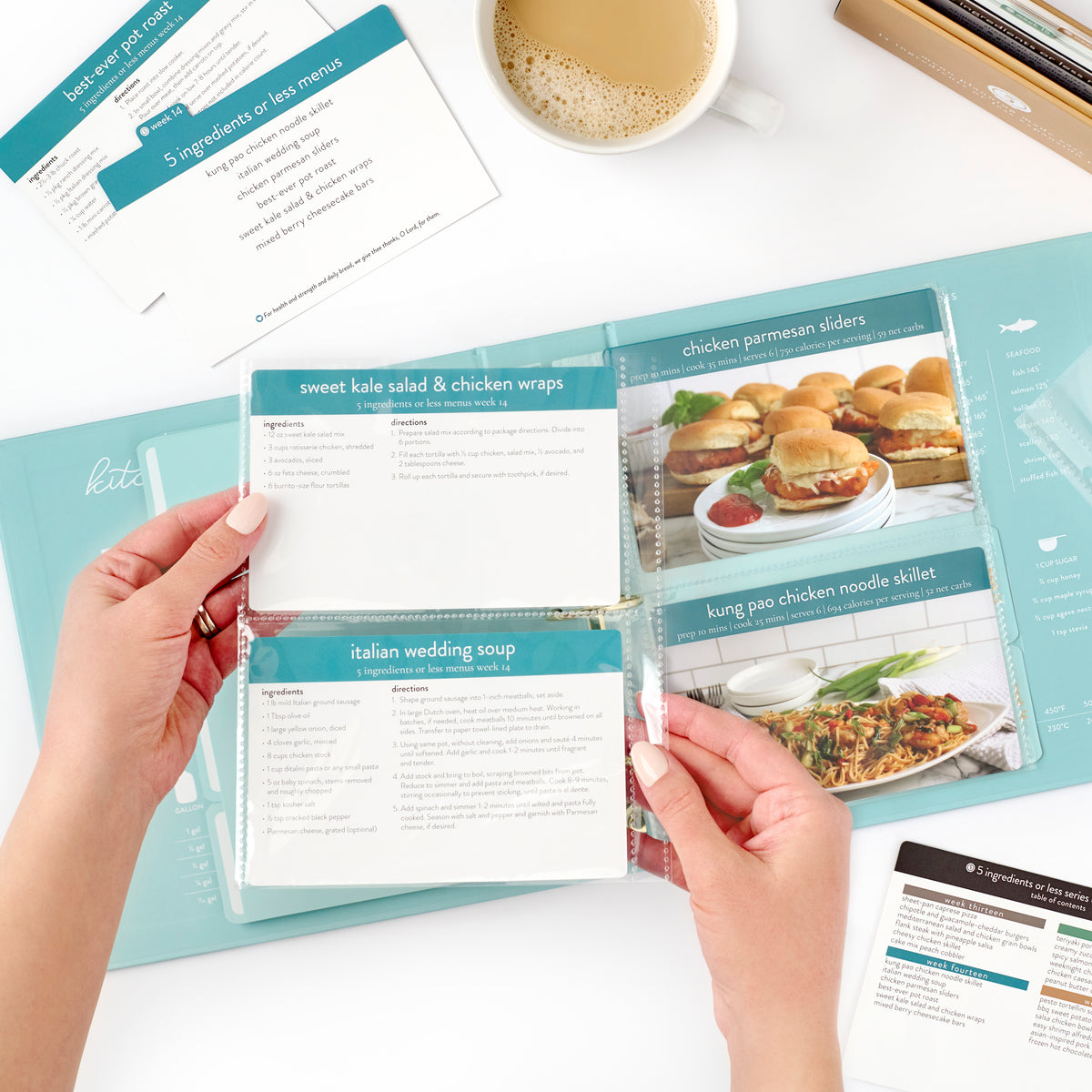 happy blue recipe binder with 2 recipes in clear insert