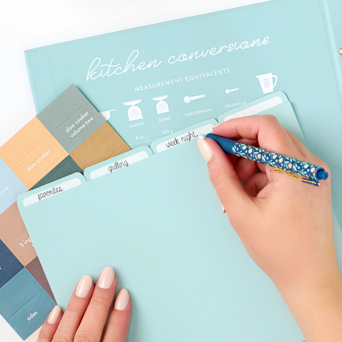 happy blue recipe binder tab close up