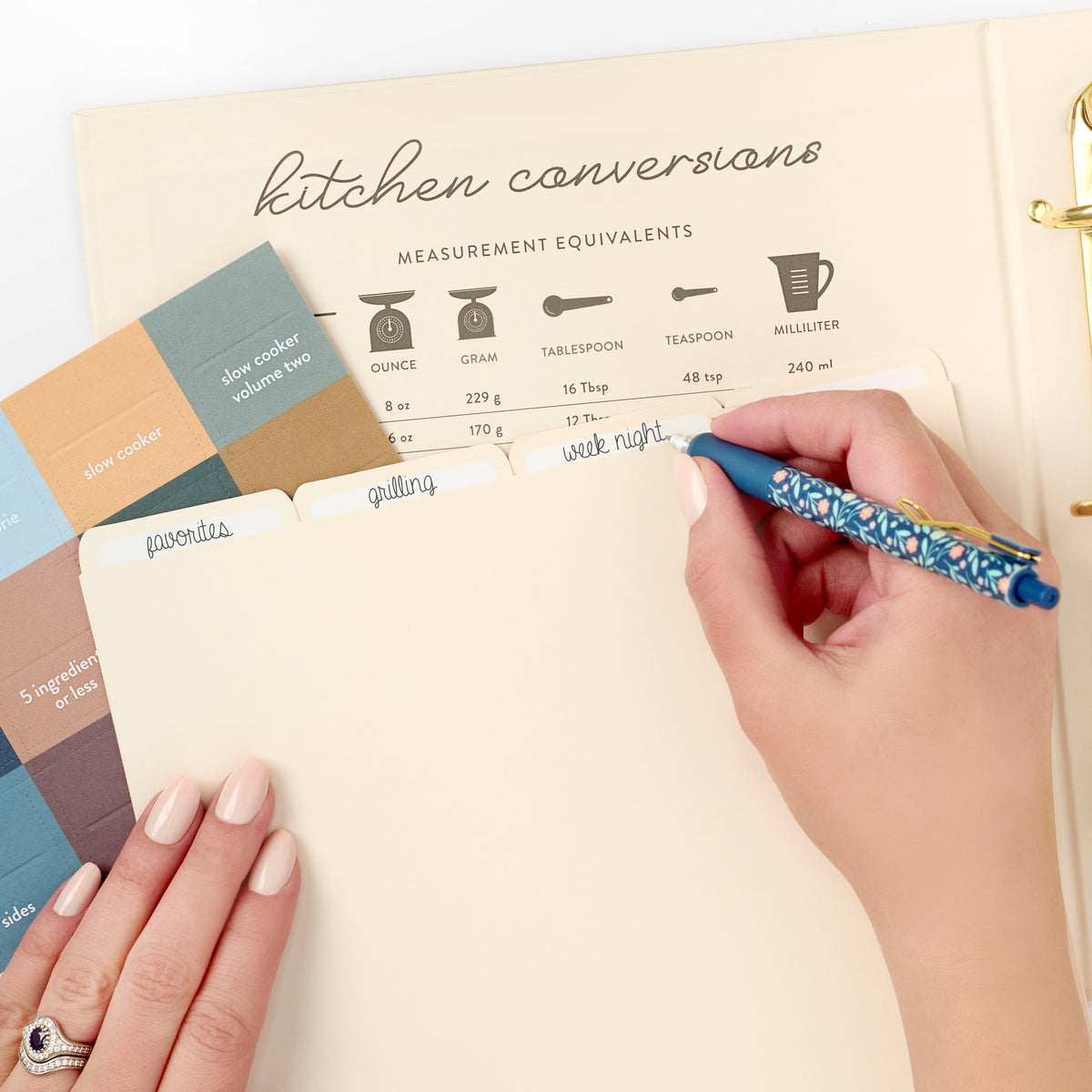 whipped cream recipe binder with writing on tabs