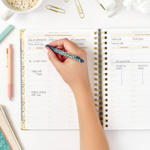 26-27 chambray work planner being written in