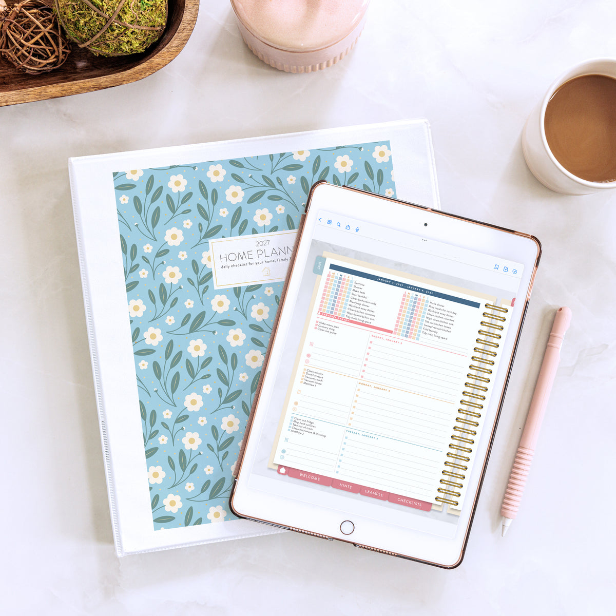 blue floral cover with 2027 digital home planner on tablet 