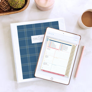 navy plaid cover with 2027 digital home planner on tablet 