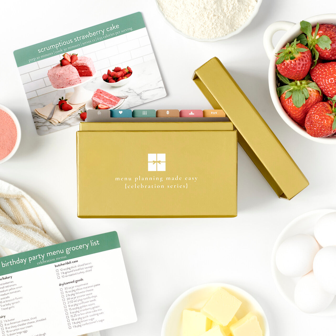 celebration menu box with lid off and cards out