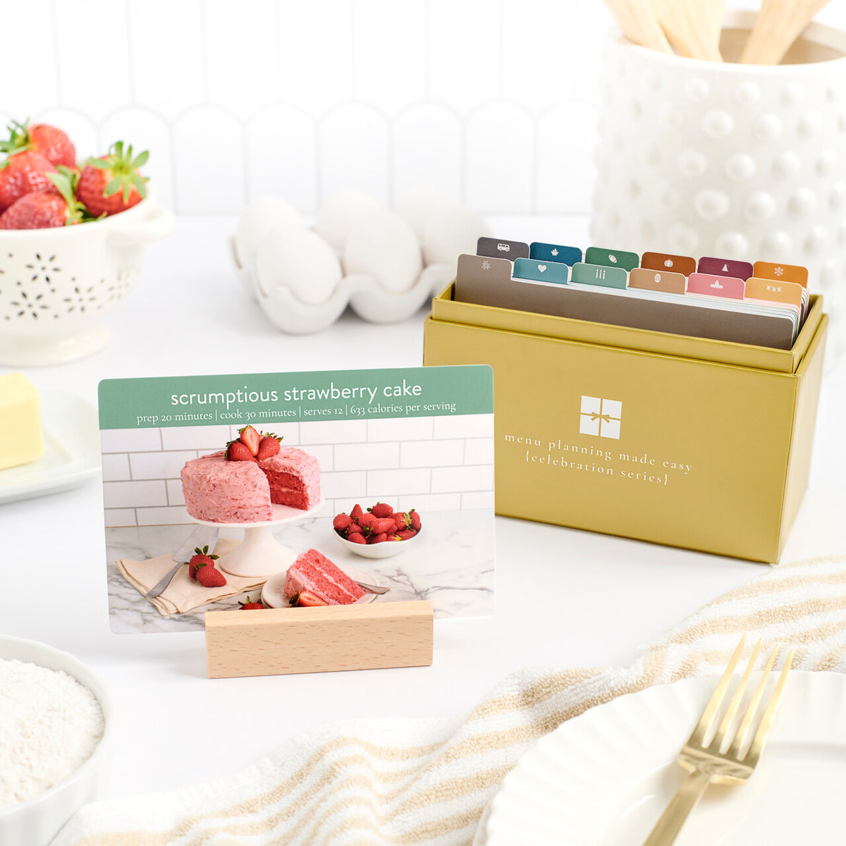 celebration menu box with strawberry cake recipe featured