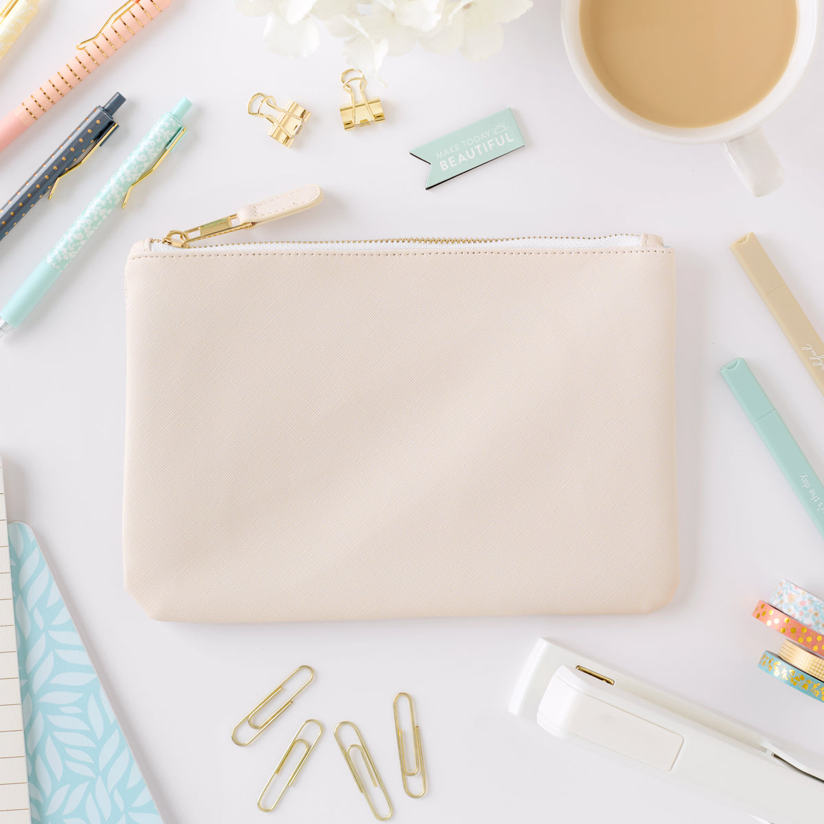 cream zipper pouch front view