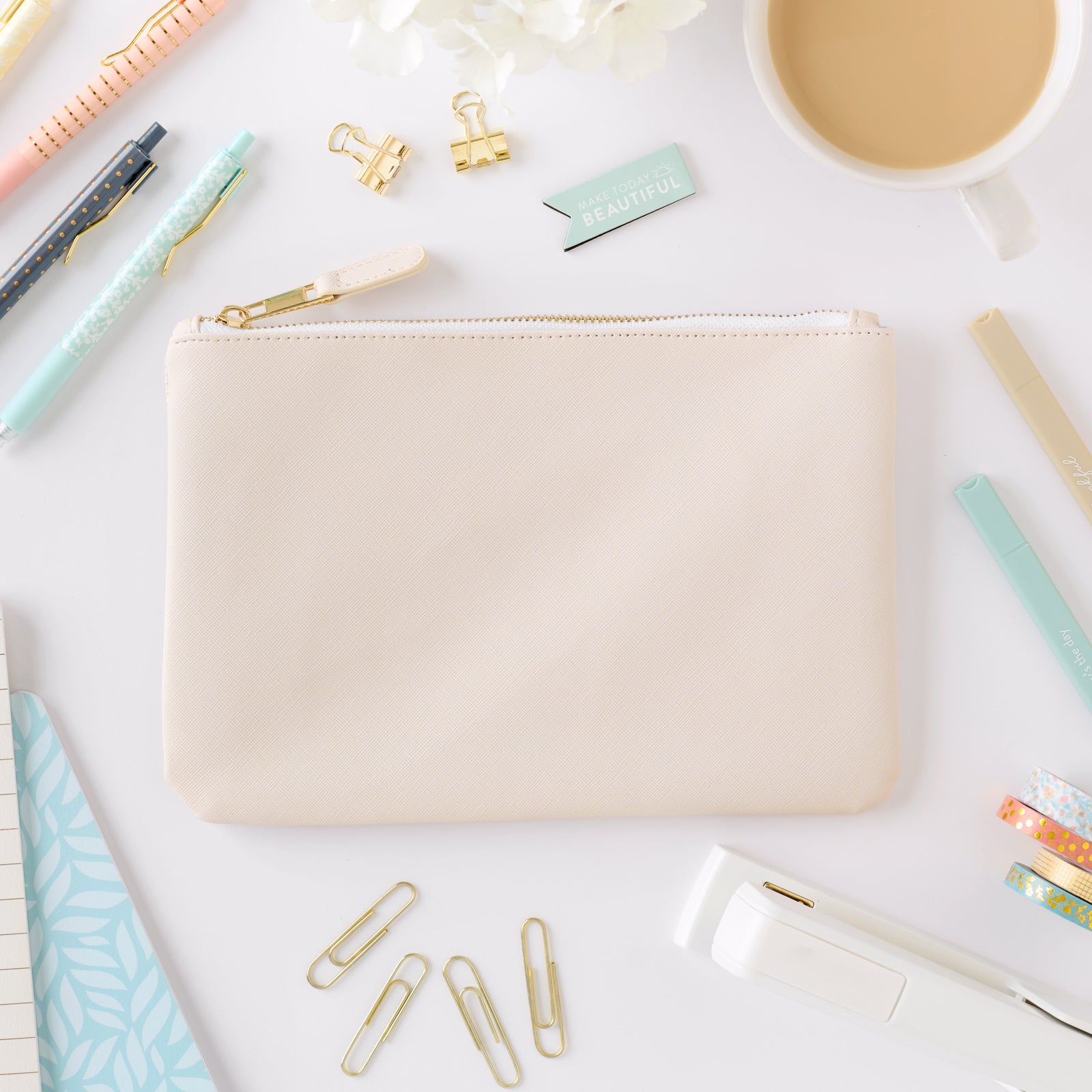 cream zipper pouch front view