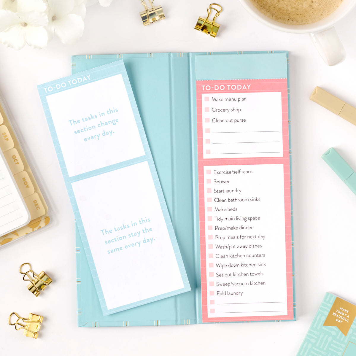 daily chore list open view with some accessories around