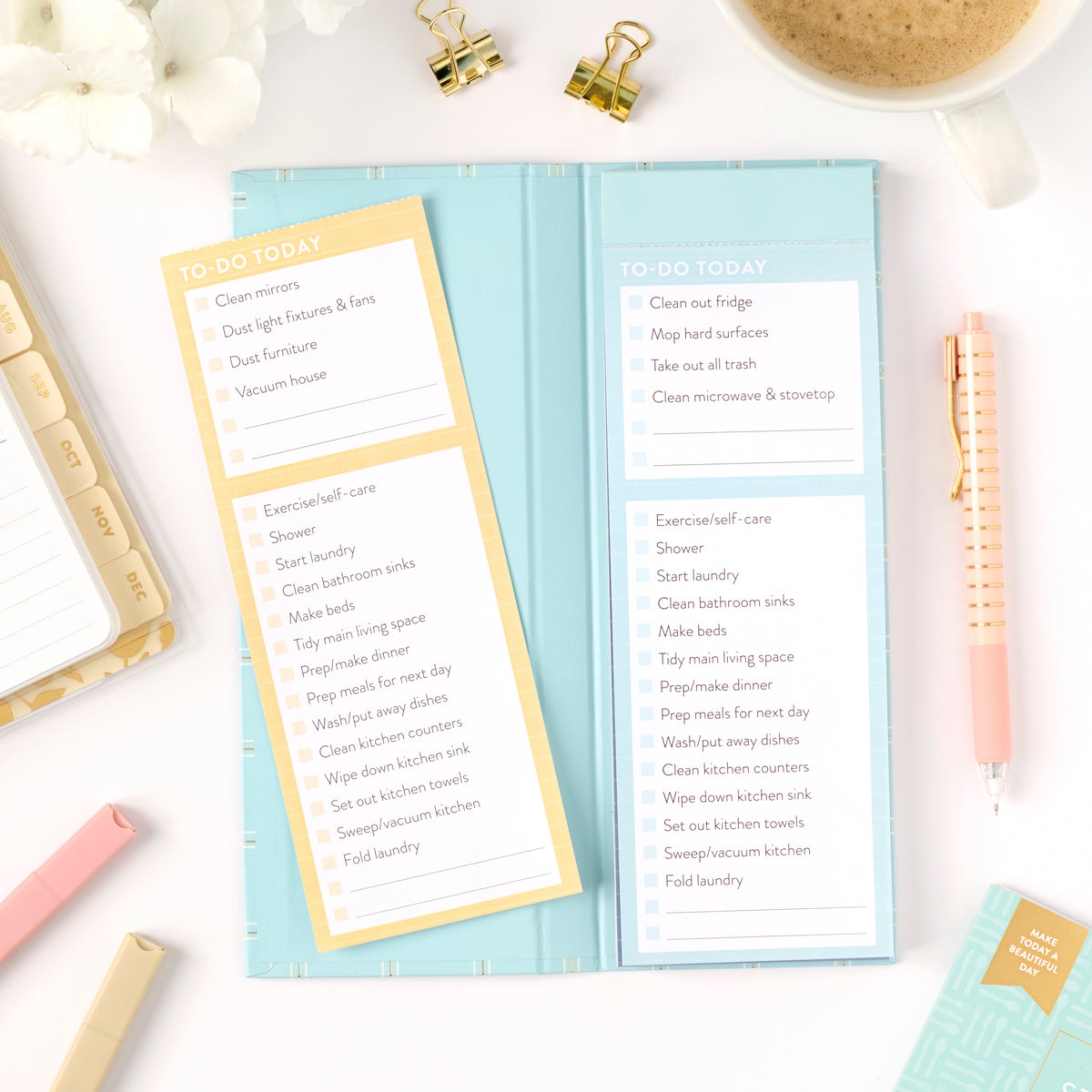 daily chore list open view with yellow and blue sheets