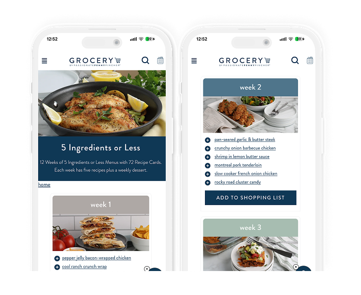 Two Grocery by PPP app screens for choosing meals