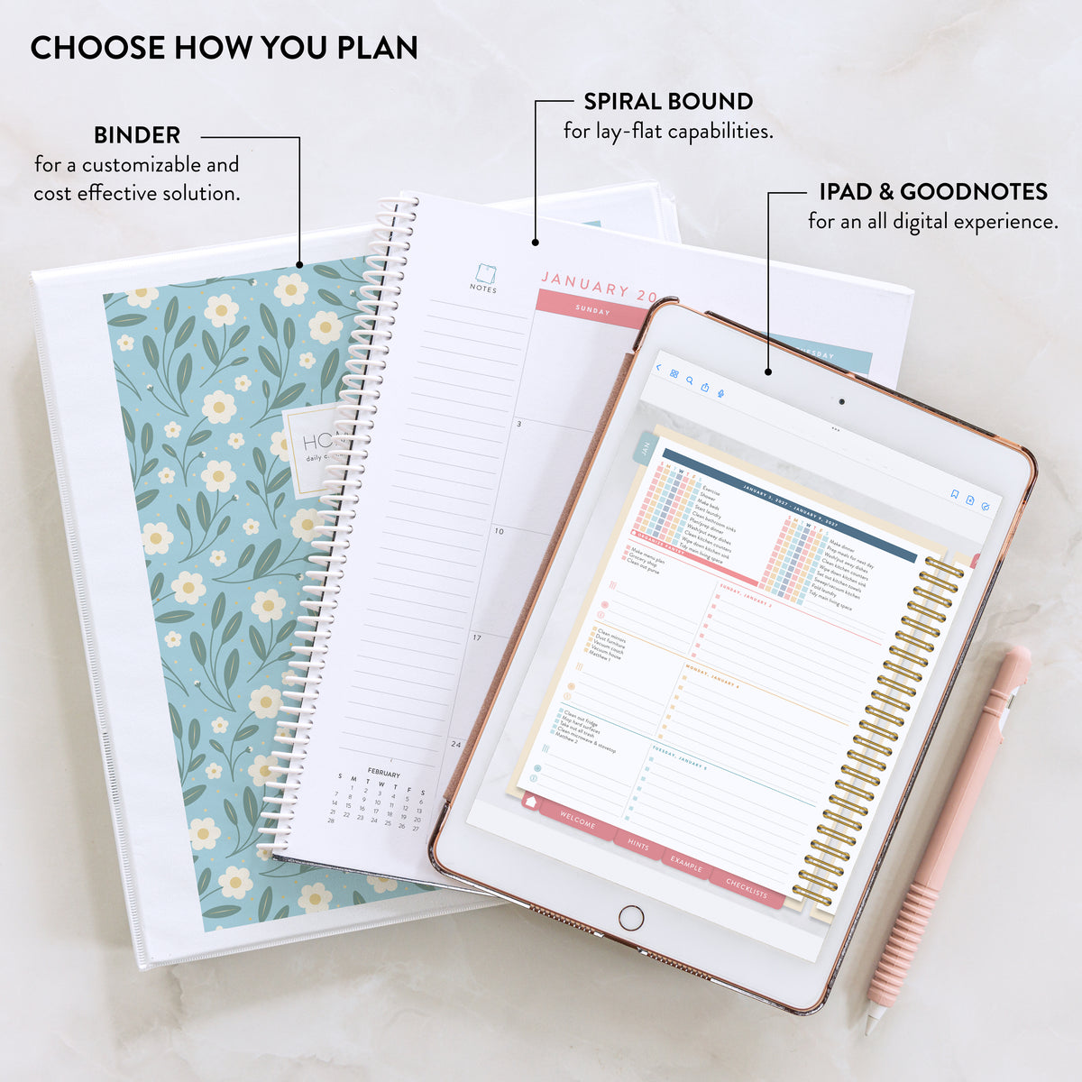 2027 blue floral digital home planner, choose how you plan