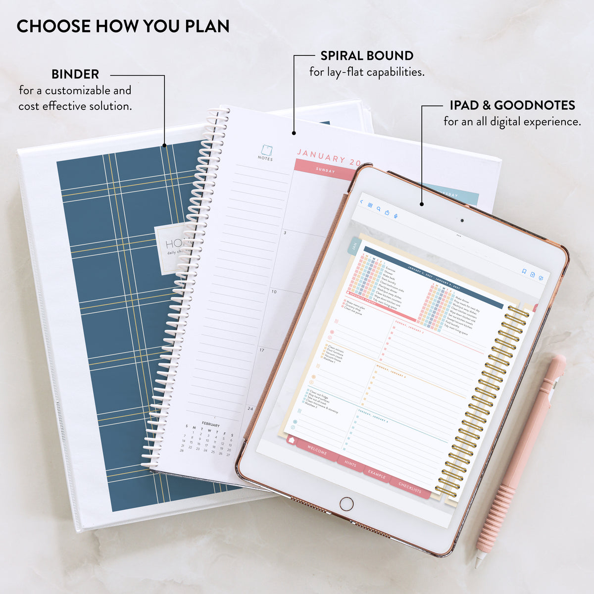 2027 navy plaid digital home planner printed on paper