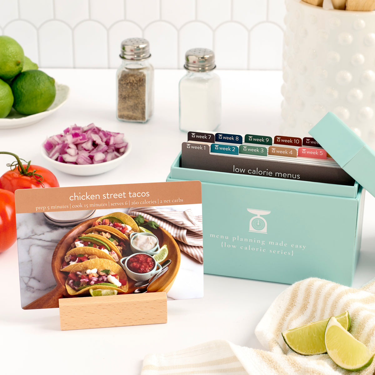 low calorie menu box with card in wooden block