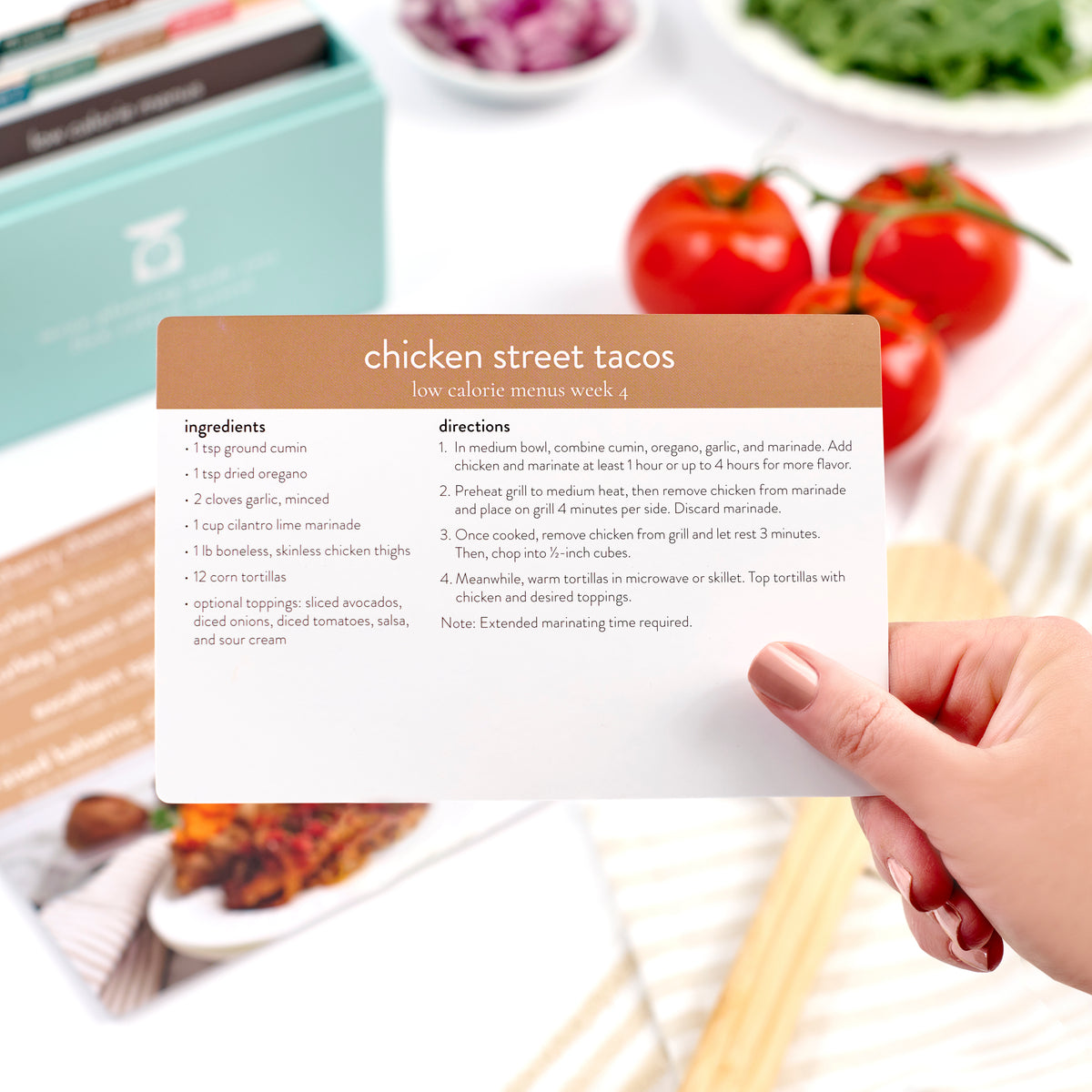low calorie menu card, chicken street tacos