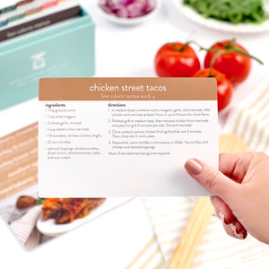 low calorie menu card, chicken street tacos