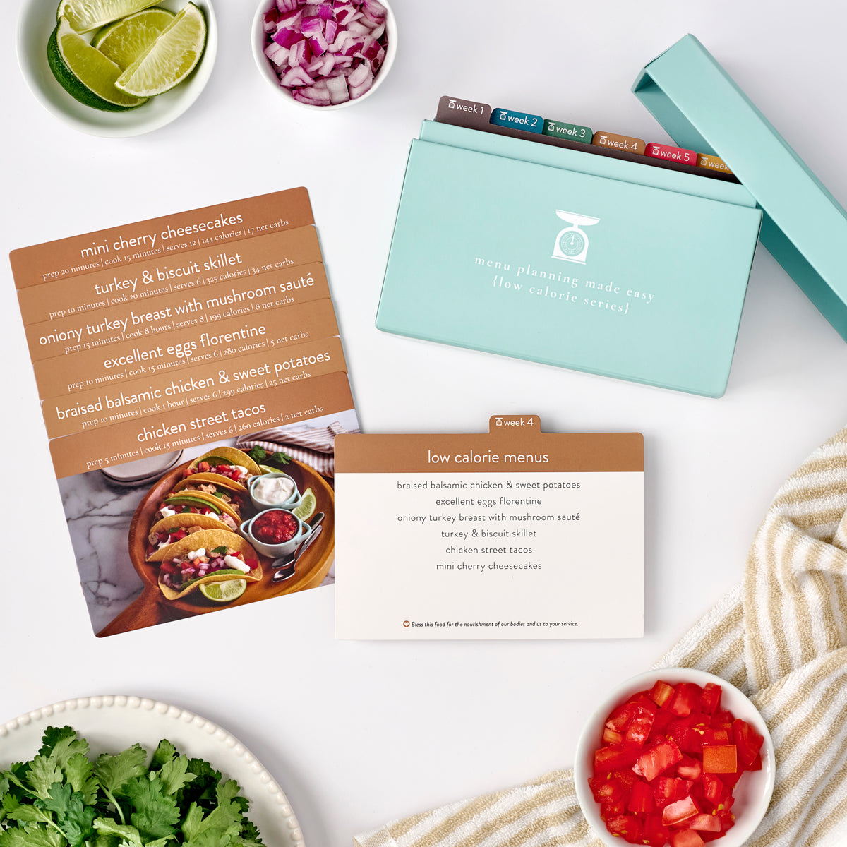 low calorie menu plan with photo cards