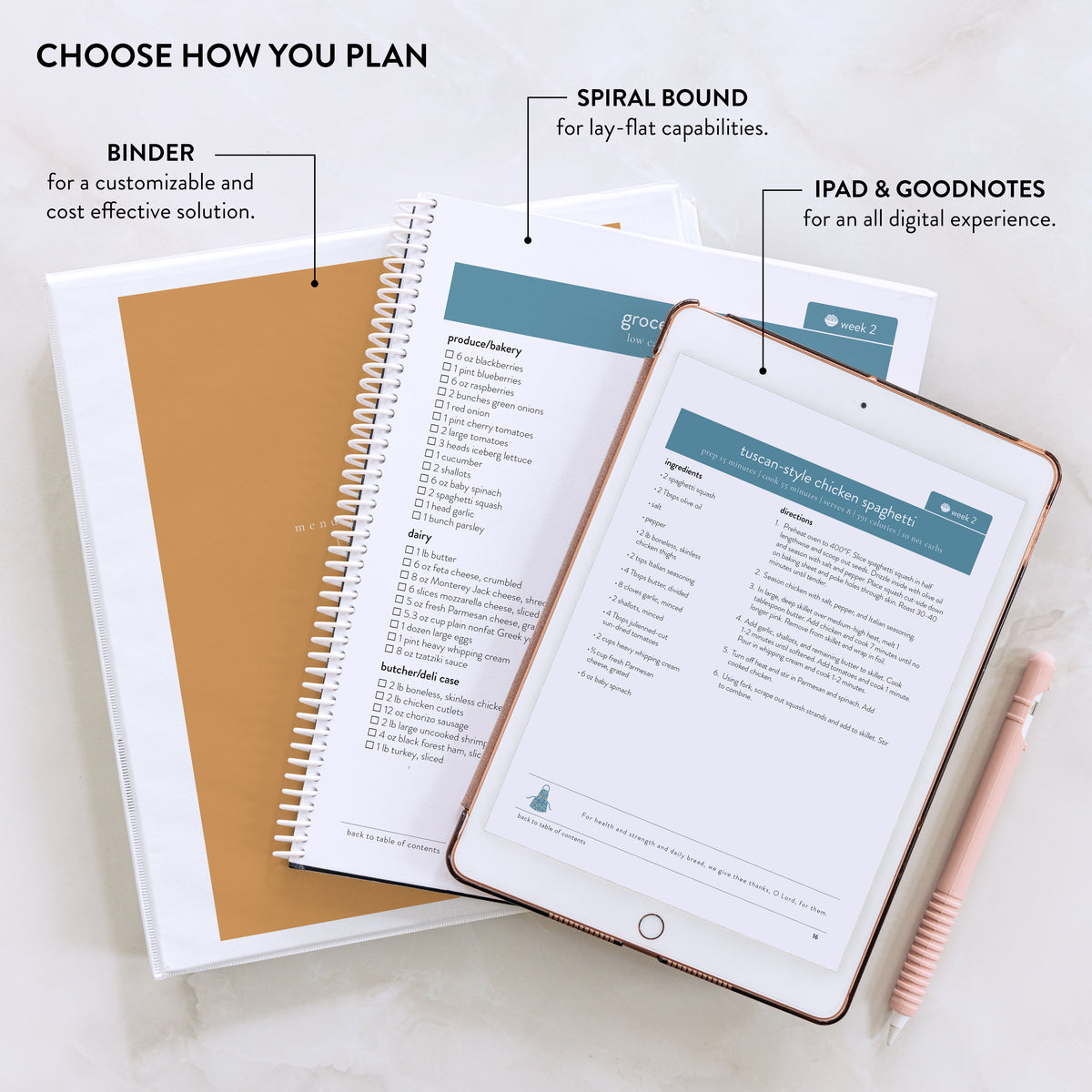 LOW CARB DIGITAL MENU PLAN WITH BINDER, BOOK AND TABLET 