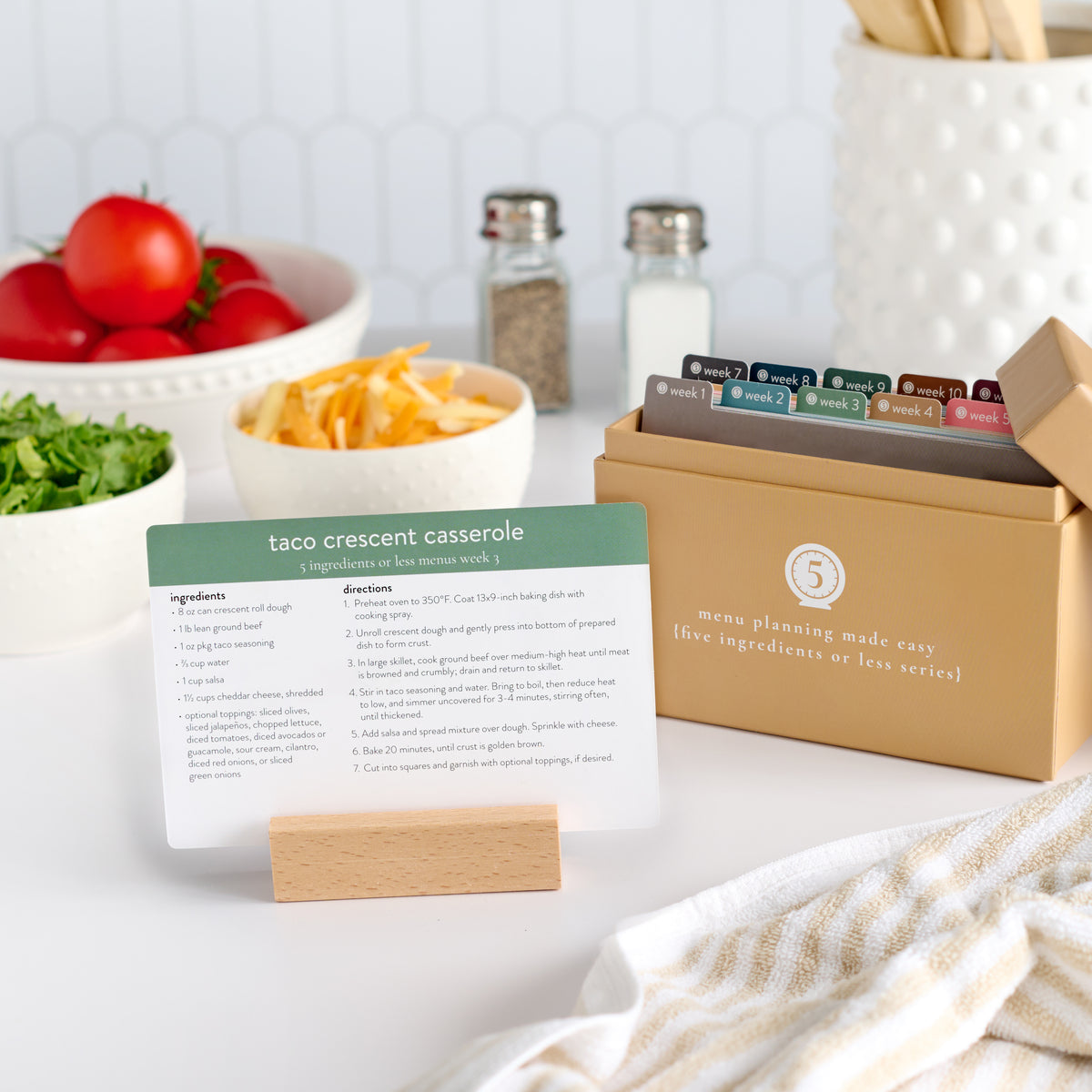 5 ingredients box with wooden block recipe holder