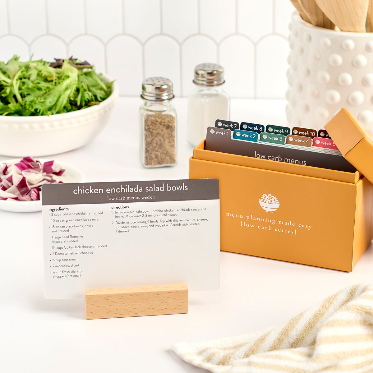 low carb menu plan with recipe card in wooden block