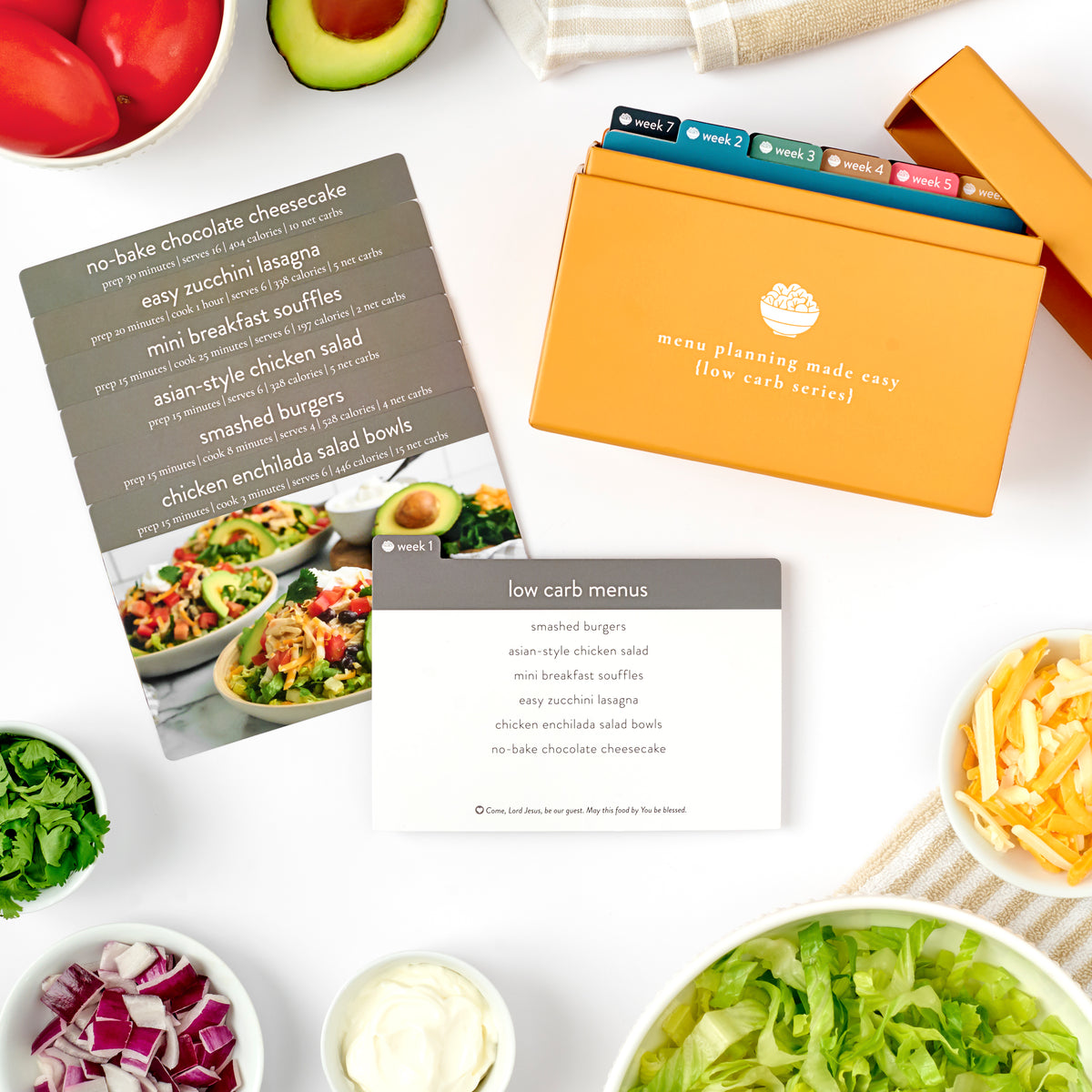 low carb menu plan with photo cards and week 1