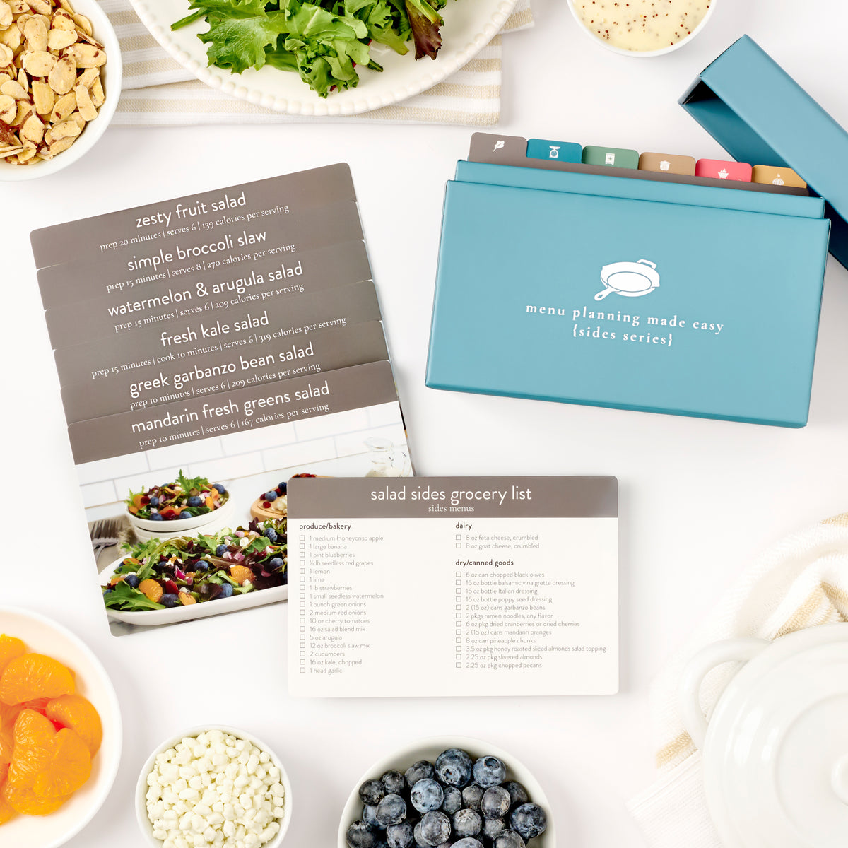 sides menu plan with recipe cards on table