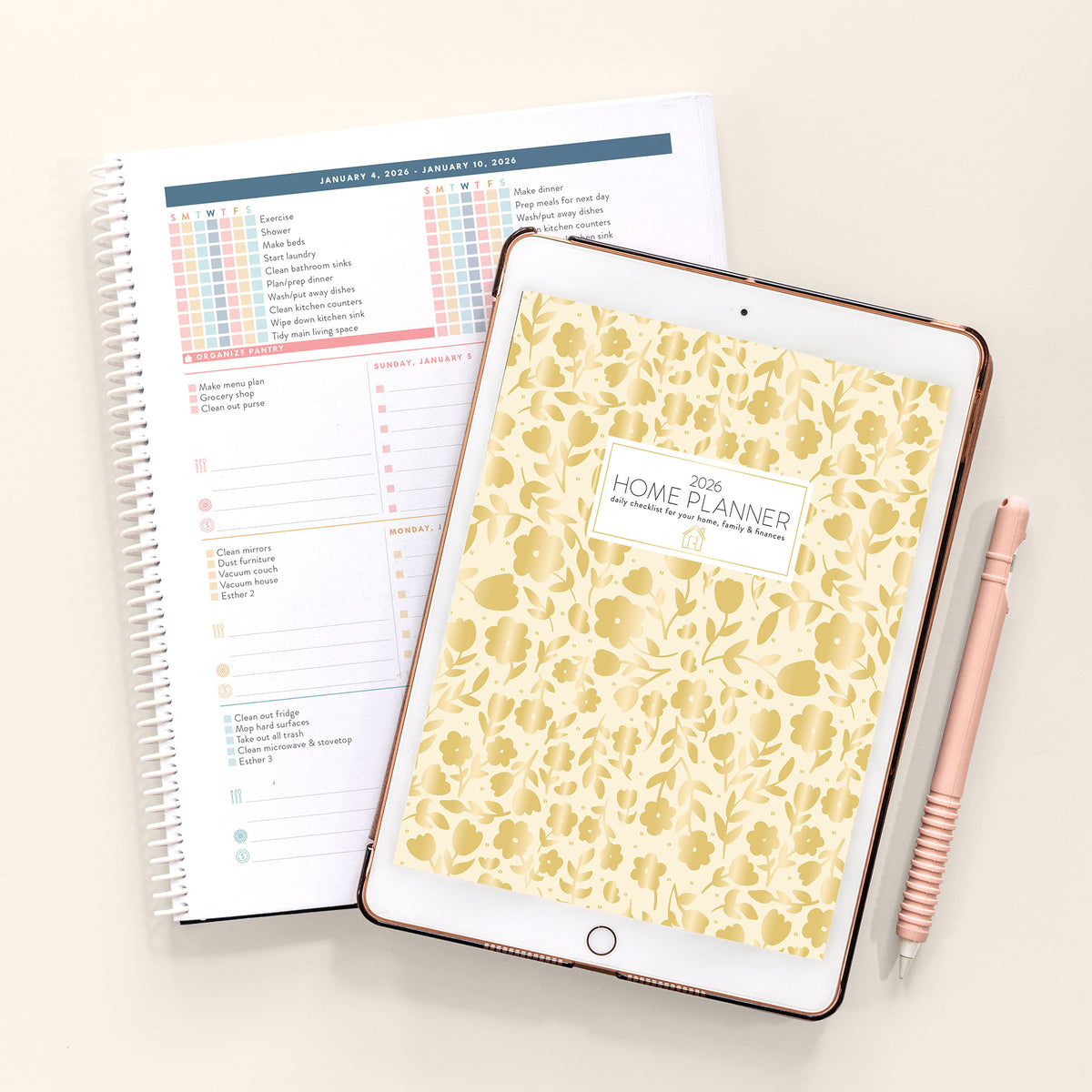 2026 cream floral digital home planner on ipad and print out 