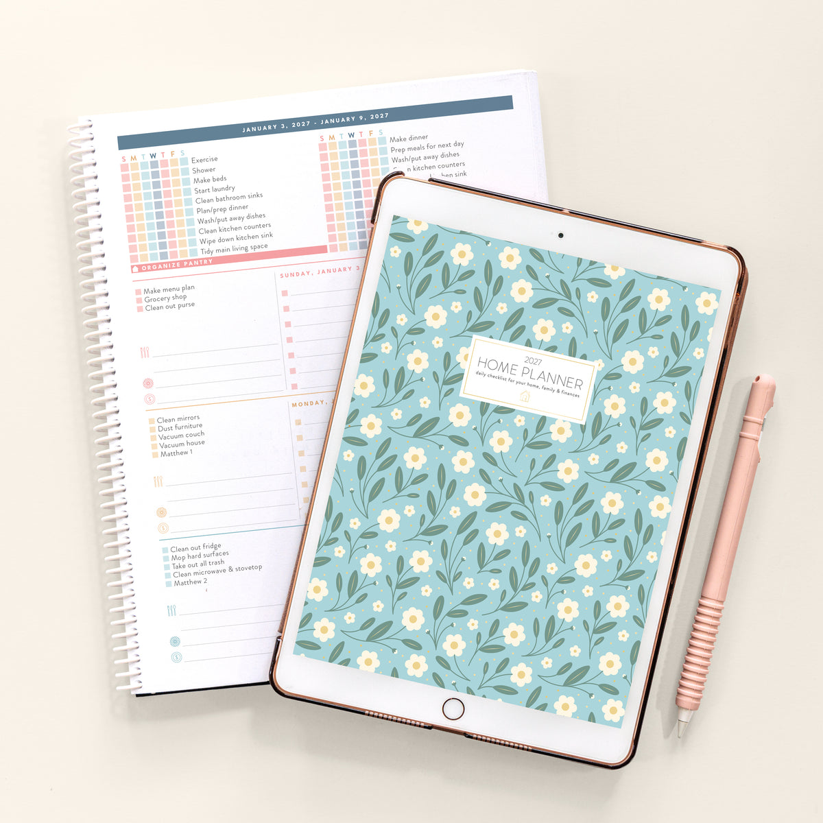 2027 blue floral digital home planner with spiral and ipad on cream background
