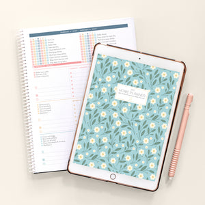 2027 blue floral digital home planner with spiral and ipad on cream background