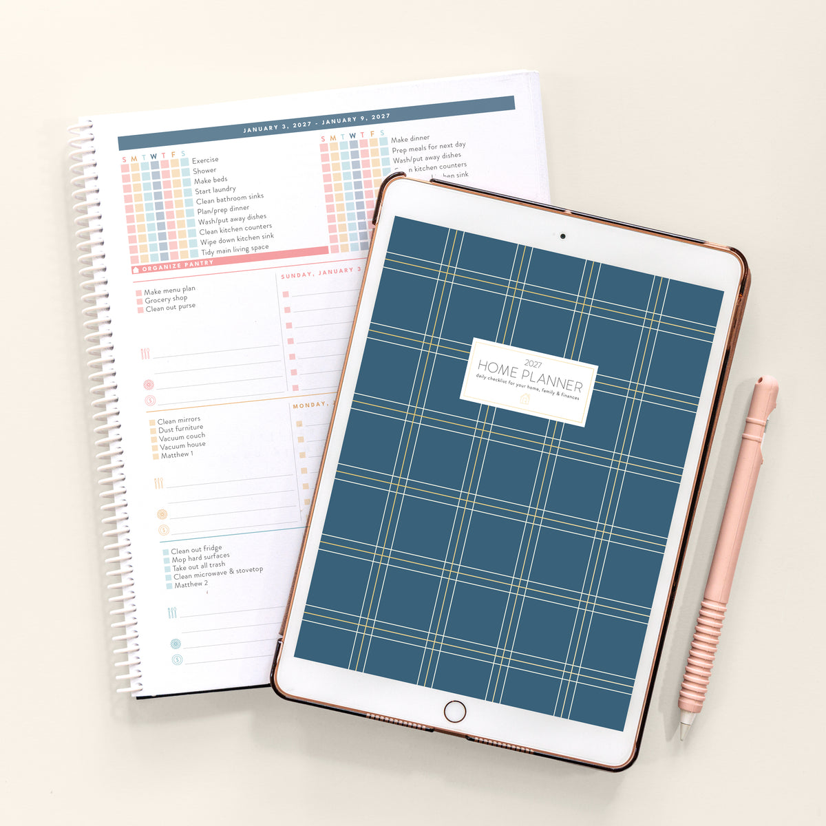2027 navy plaid digital home planner with spiral and ipad on cream background