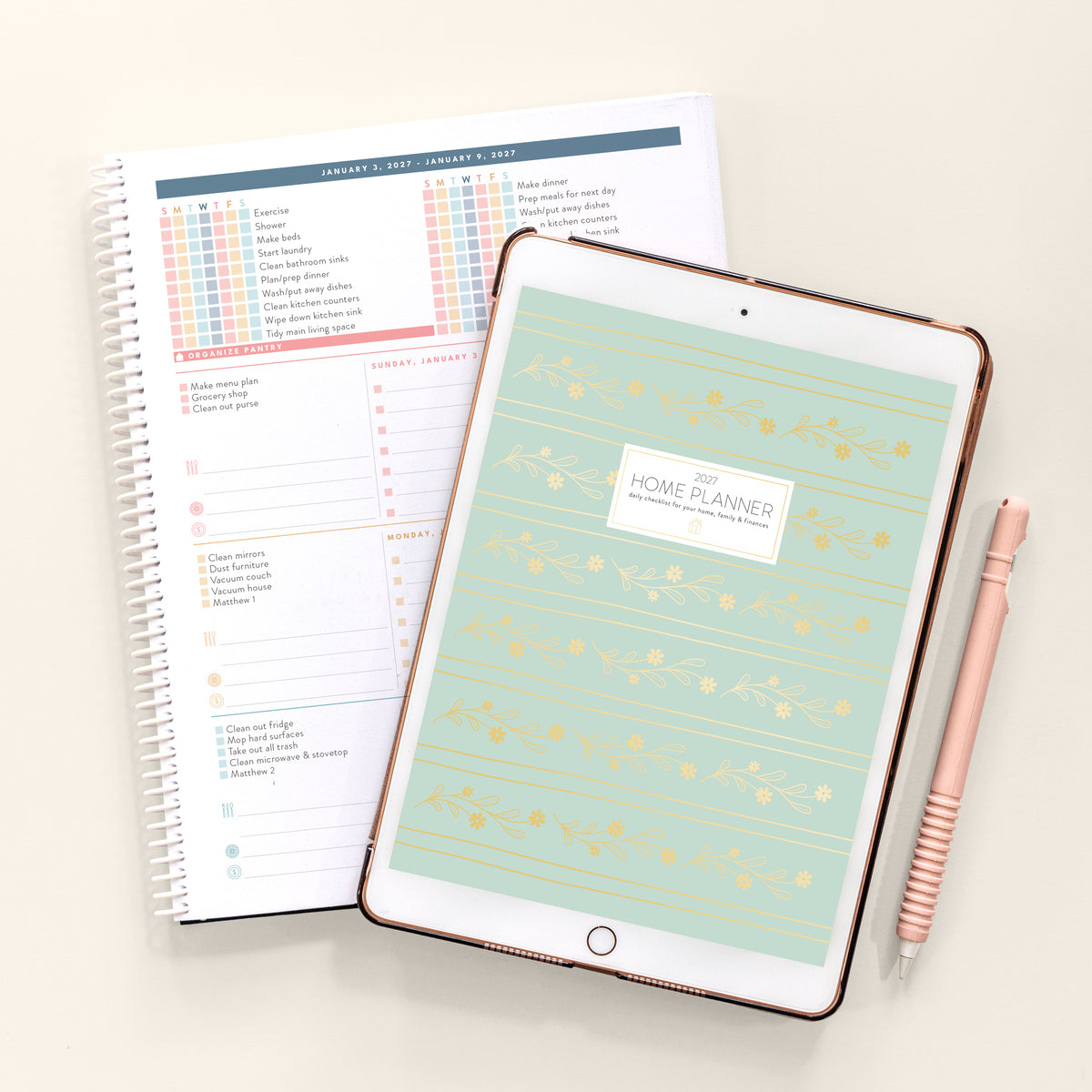 2027 green leaves digital home planner with spiral and ipad on cream background