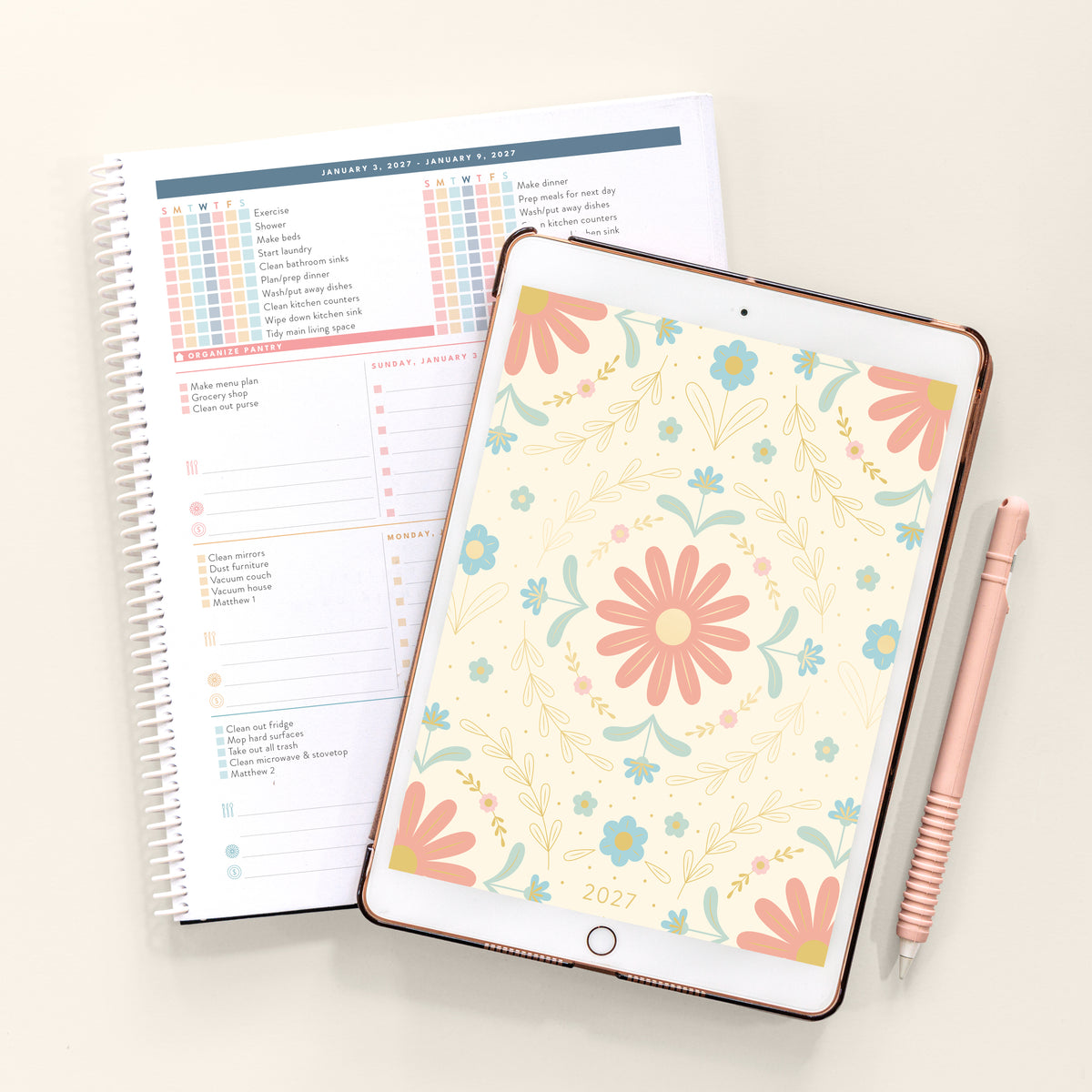 2027 wildflower digital home planner with spiral and ipad on cream background