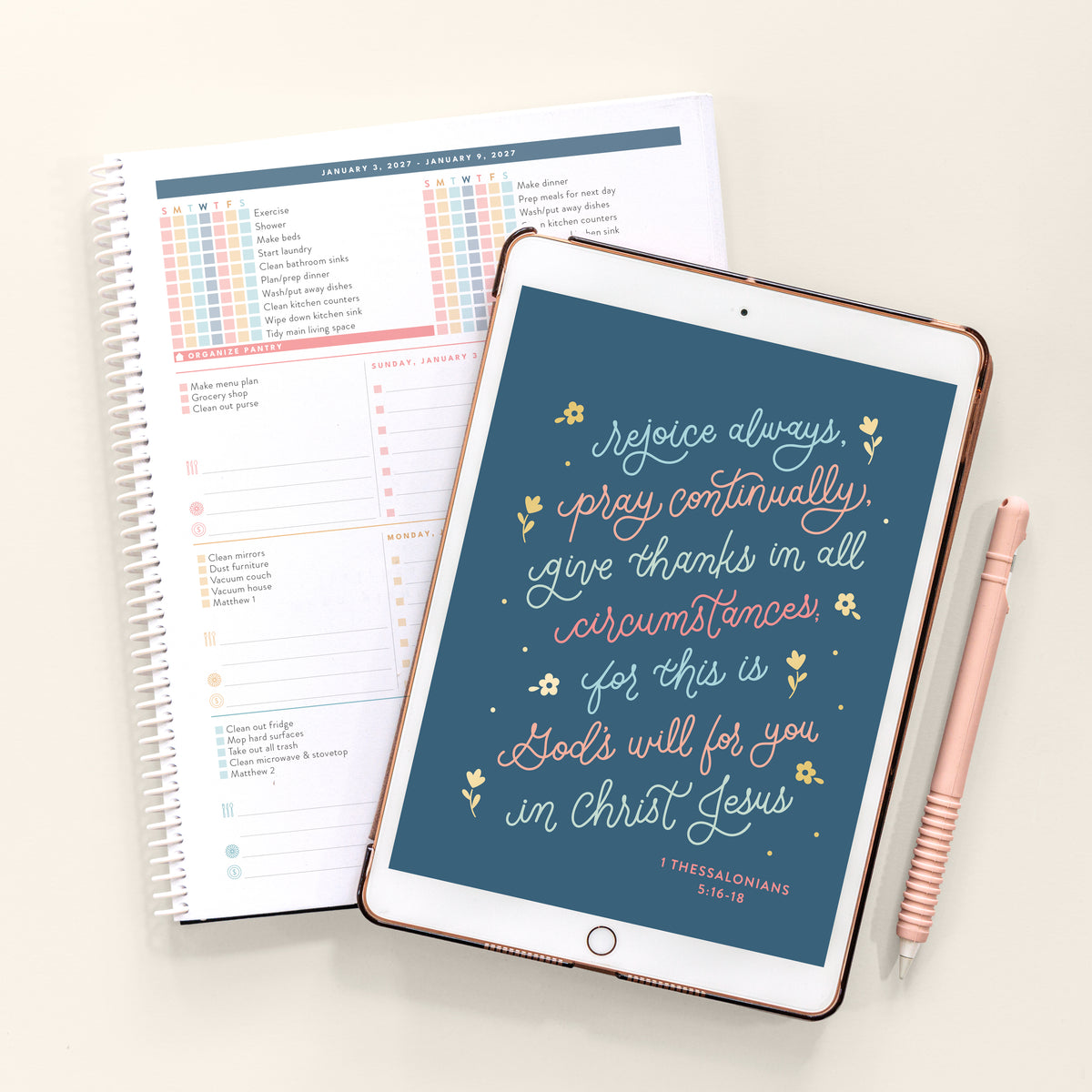 2027 scripture digital home planner with spiral and ipad on cream background