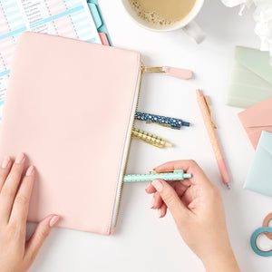 2nd edition gel pens inside pink zipper pouch