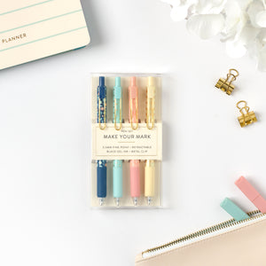 2nd edition gel pens on desk in packaging