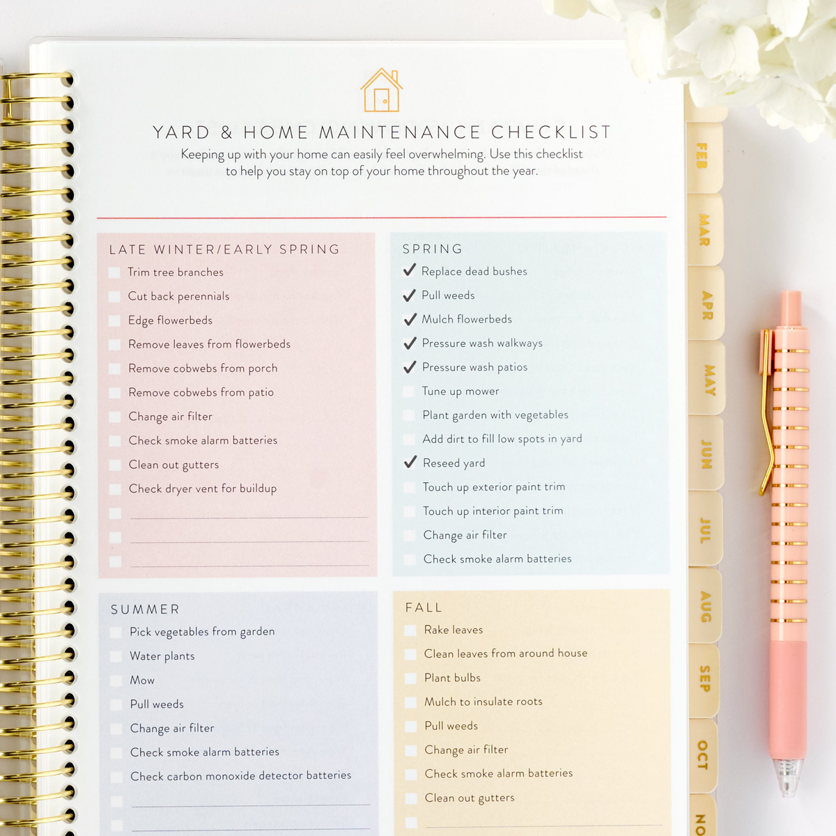 cream floral yard and home checklists