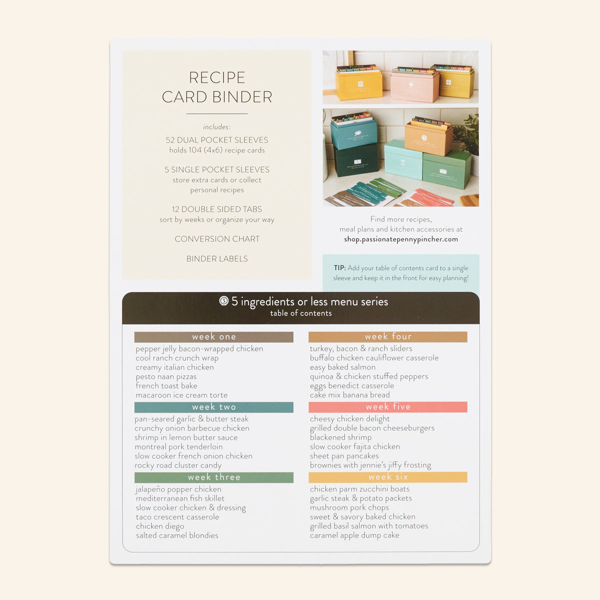 table of contents and instructions for binder on cream