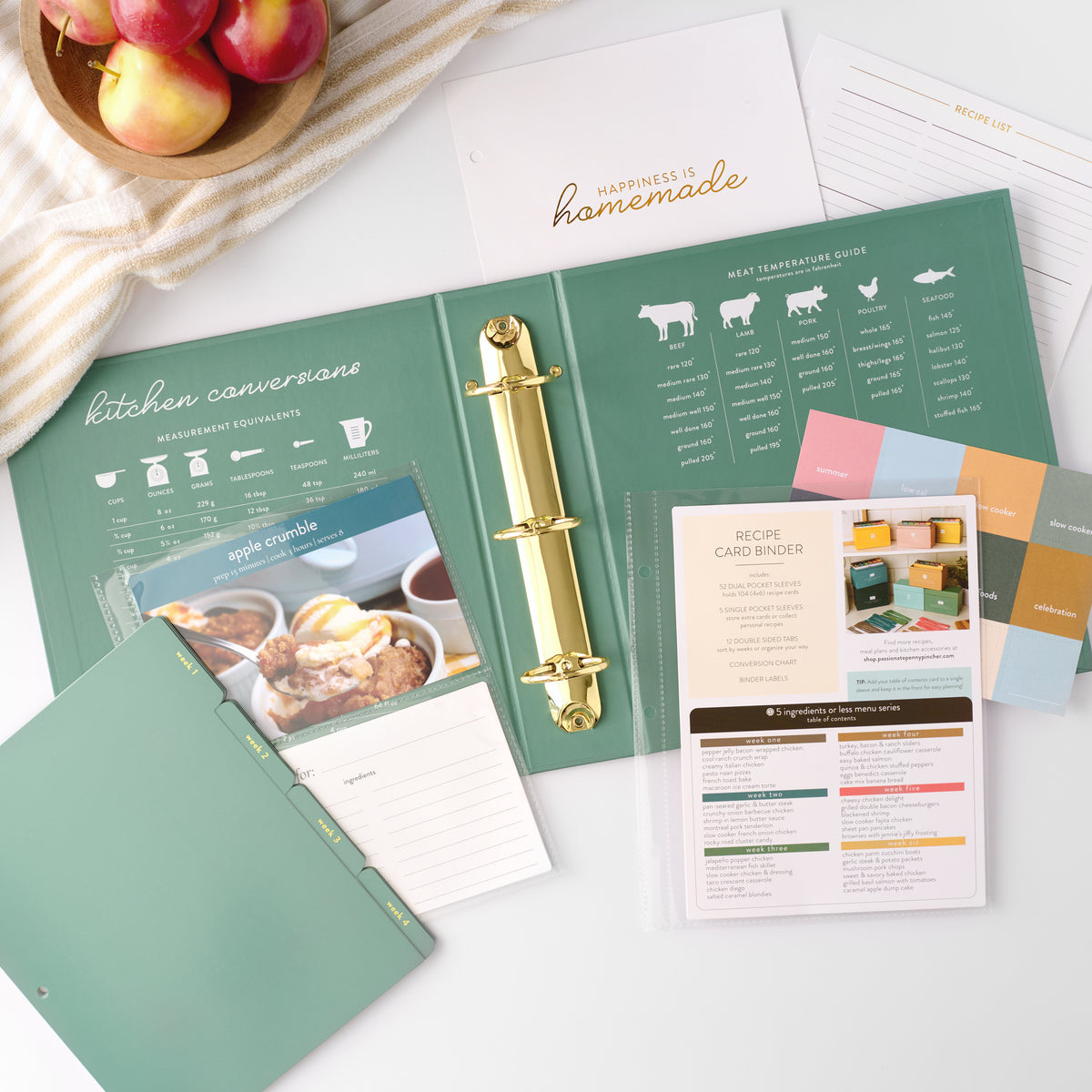 green recipe binder with cards, inserts and papers