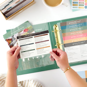 green recipe binder with table of contents card