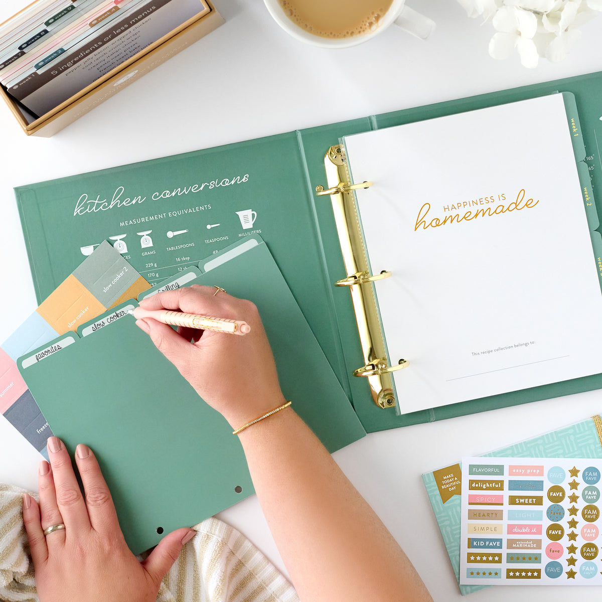 green recipe binder with person writing on tabs