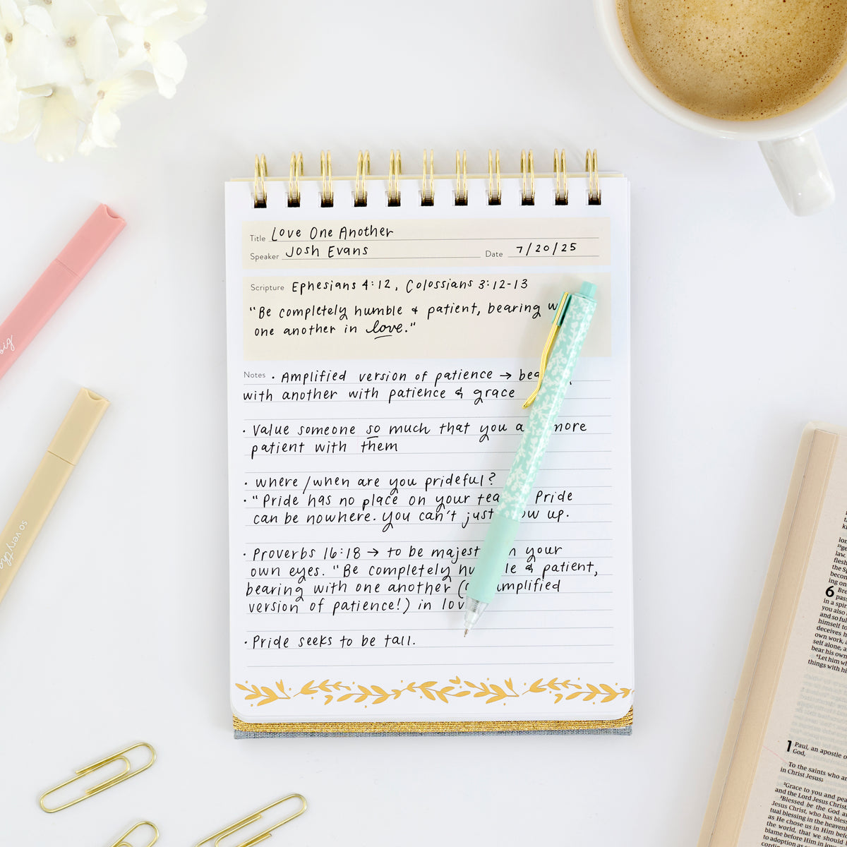 sermon note book with writing