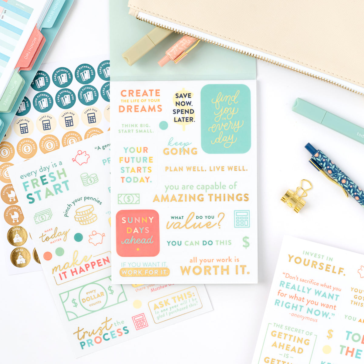 money planner stickers on desk