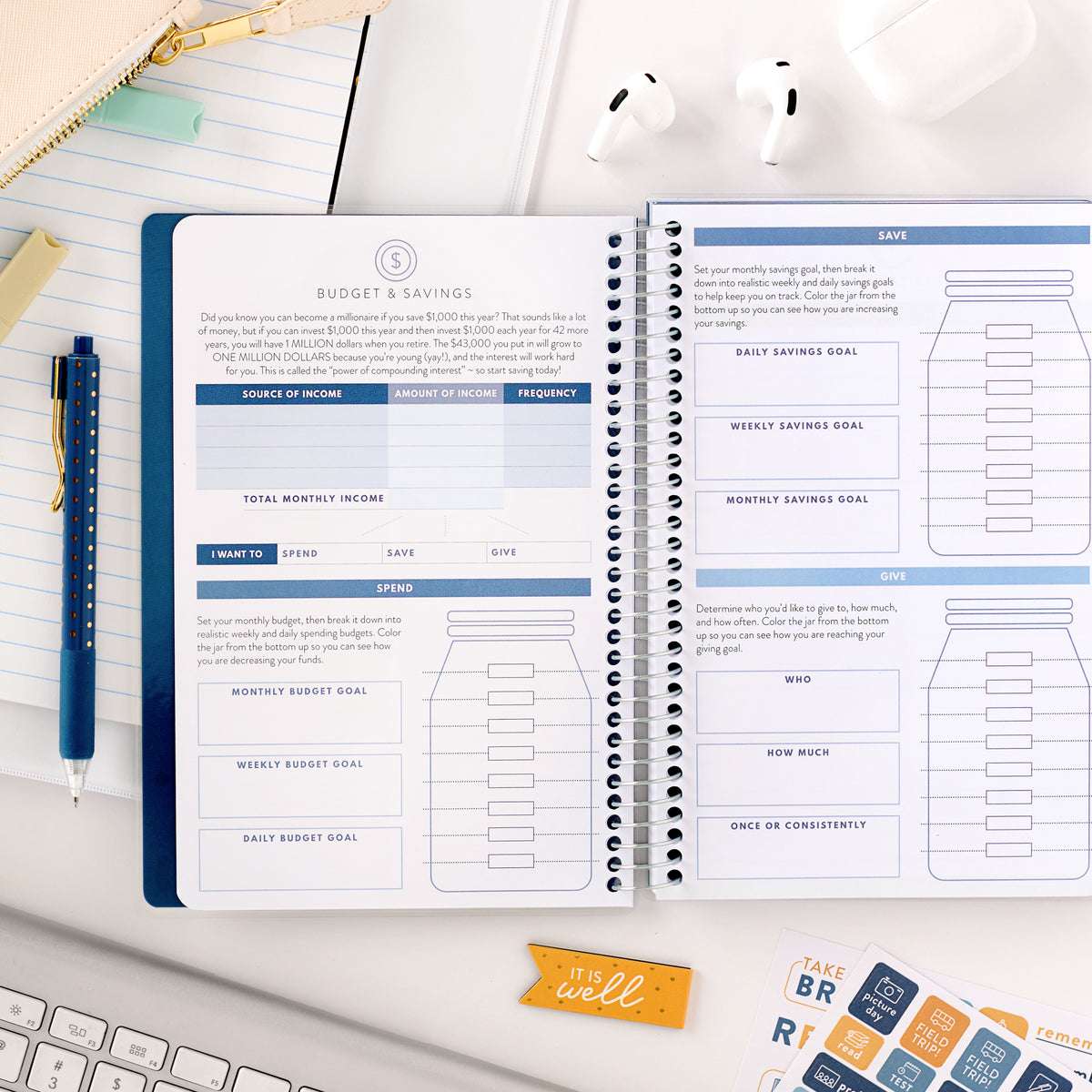 blue student planner budget and savings pages