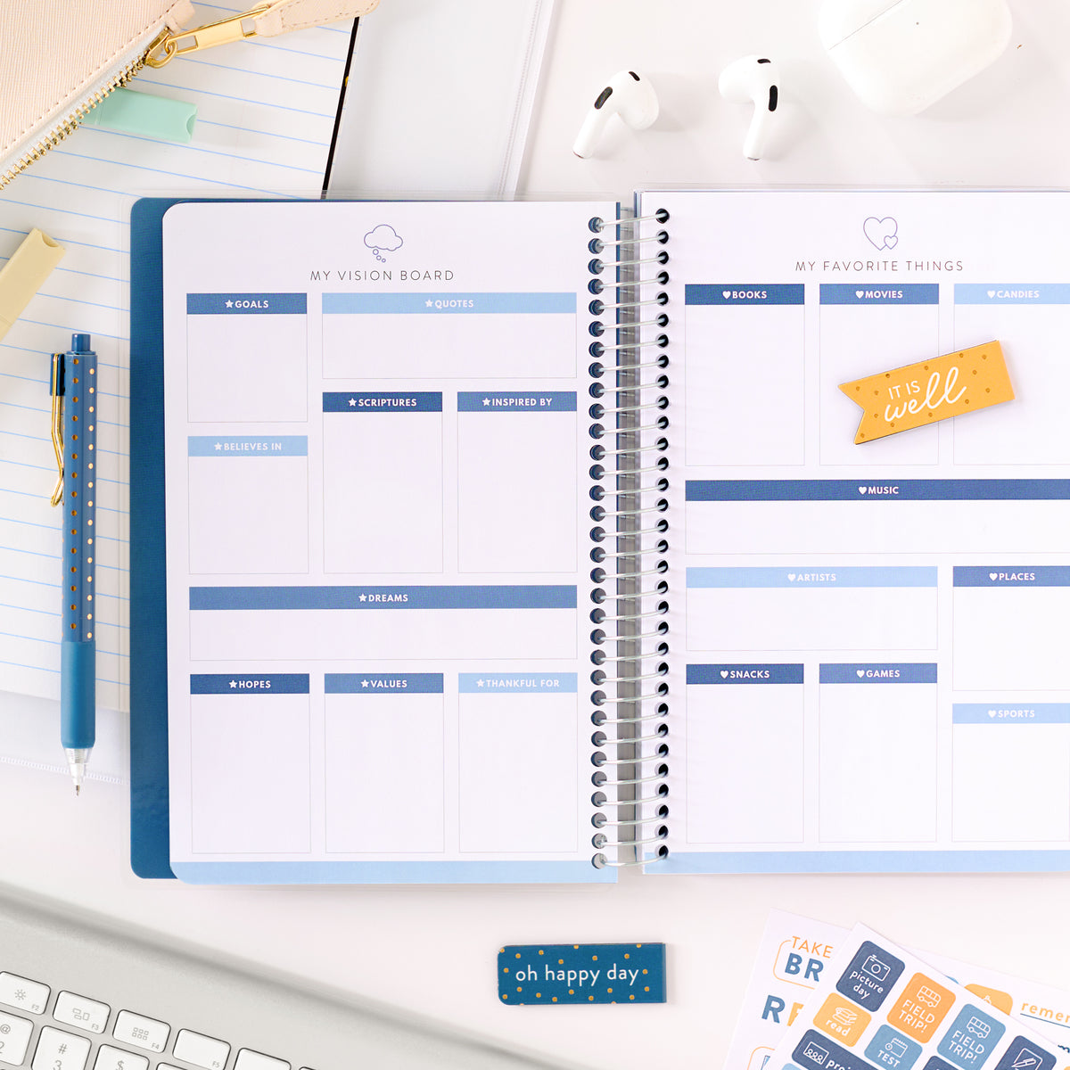 blue student planner vision and favorite things pages